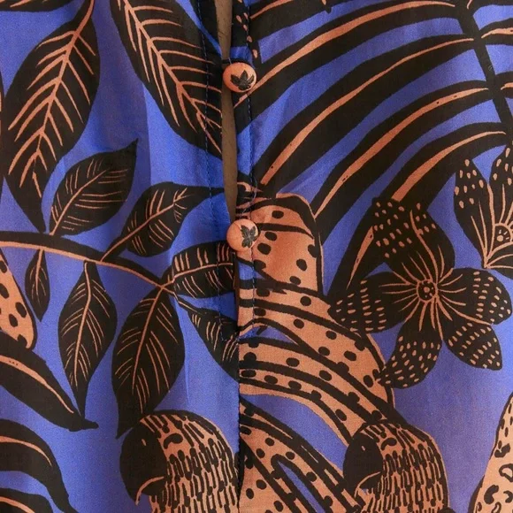 [NWT] $165 FARM RIO Tropical Gold Blue Pleated Long Sleeve Blouse. Size Small - Picture 5 of 12